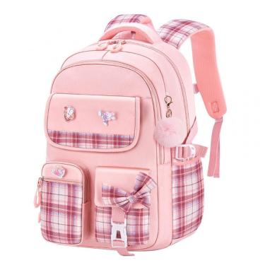 Imagem de Mochila escolar infantil kistou quadriculada com laço, oxford impermeável, grande capacidade, rosa e branca