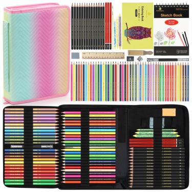 Imagem de Kit desenho 78 peças Heshengping com estojo, lápis grafite, lápis de cor, carvão, aquarela, metálico e sketchbook 3 cores