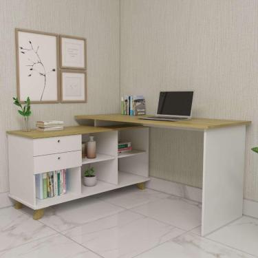 Imagem de Escrivaninha Mesa Em L Para Home Office E Escritório 2 Gavetas E 5 Nichos Gold Artany Branco/Olmo