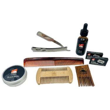 Imagem de Professional Barber reta da borda da Navalha com barba Kit - Anti estática Sândalo Beard & Tool Shaping, uma onça Unscented Beard Oil, Bigode e 7" Vestir Comb, Heavy Duty Shavette, Couro + Blades!