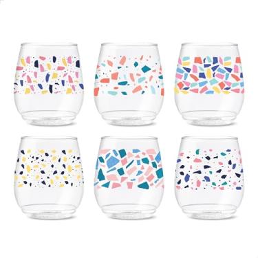 Imagem de TOSSWARE POP Série Terrazzo Vino colorido de 400 ml, conjunto de 6, qualidade premium, copos impressos de plástico reciclável, inquebrável e transparente, 6 unidades (pacote com 1)
