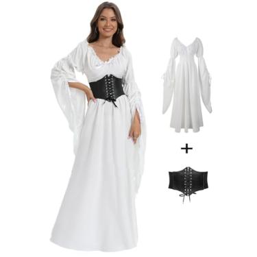 Imagem de VNVNE Vestido feminino de bruxa renascentista de Halloween, fantasia vitoriana vintage medieval pirata camponesa gótica cosplay, Branco, XXG