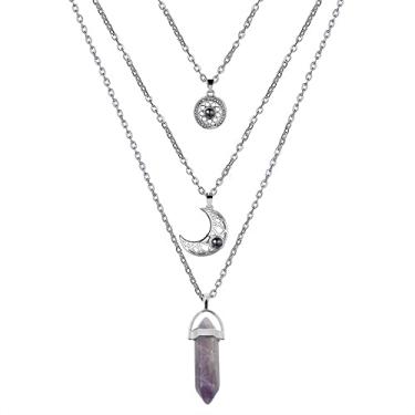 Imagem de MJartoria Colar de pentagrama de lua, pingente de chacra de cristal, colares em camadas para mulheres, gargantilha, joias góticas, acessórios góticos Y2K, 18 inches, 22 inches, 26 inches, Prata Pedra