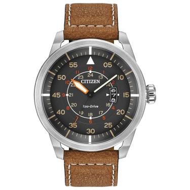Imagem de Relógio masculino Citizen Eco-Drive Weekender Avion AW1361-10H, aço inoxidável com pulseira marrom, 45 mm