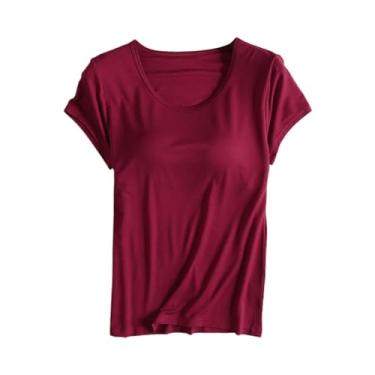 Imagem de Camisetas femininas com sutiã embutido, manga curta, gola redonda, casual, elástica, básica, cor lisa, blusa de ioga, Vinho, 4G