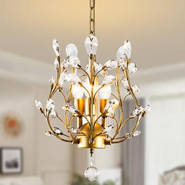 Imagem de Lustres de cristal Ganeed, luz pendente de cristal K9 com luminárias de candelabro de 3 luzes, luz de teto para sala de estar quarto restaurante corredor (ouro)