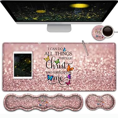 Imagem de Mouse pad grande para jogos, tapete de mesa de escritório estendido, almofada de escrita à prova d'água para descanso de pulso ergonômico para mouse e teclado em casa, Philippians 4:13 Bíblia glitter