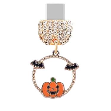 Imagem de ELISE & FONDA TP281 Tipo-C Porta USB de Cristal Antipoeira Plug Halloween Abóbora Morcego Celular Berloque para Samsung/Huawei/OnePlus/Xiaomi/Oppo Android (Preto), approx.2.5 cm (L) x 0.3 cm (W) x 2.3
