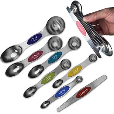 Imagem de 7 colheres de medição magnéticas de aço inoxidável com nivelador, conjunto de utensílios de metal empilhável para assar, colher de medida colher de sopa utensílios de cozinha utensílios para alimentos secos ou líquidos, cabe em frascos de especiarias