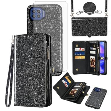 Imagem de Asuwish Capa de celular para Moto One 5G/One5G UW/Moto G G5 Plus com zíper carteira destacável com protetor de tela de vidro temperado alça flip porta-cartão Motorola One Lite XT2075-1 feminina preta