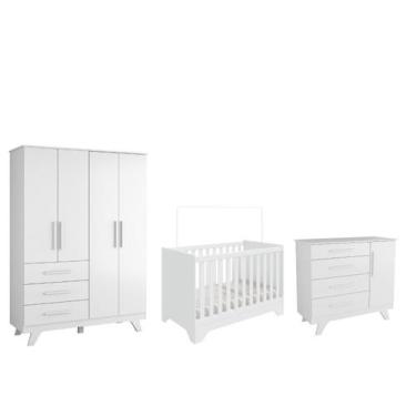 Imagem de Quarto Completo Bebê Retro Moveis Peroba Berço Popy MDF, Branco