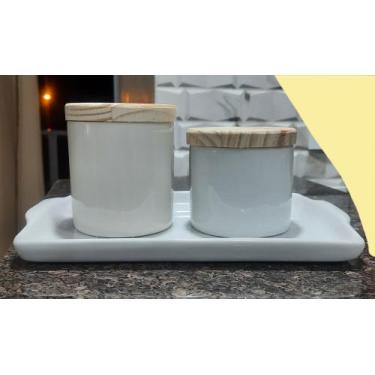 Imagem de Kit higiene bebê 2 potes tampa pinus com bandeja - Porcelana Branca e 