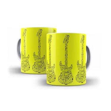 Imagem de Xícara Branca Porcelana Decorada Guitarra Cor Sólida 325ml + Caixinha 