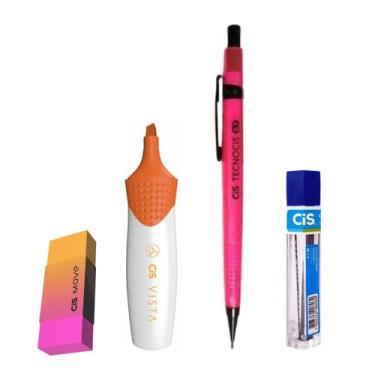 Imagem de Kit Lapiseira Neon 0.7 Rosa+Borracha + Grafite + Vista Lrj - Cis