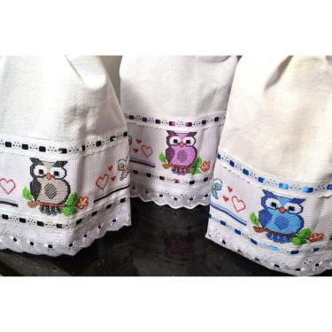 Imagem de Pano de Prato Bordado em Ponto Cruz - Corujinha