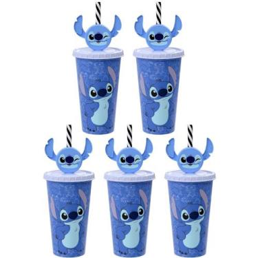 Imagem de 5 Copos Canudo Orelhas Stitch 500ml para Infantil Lembrancinha Sacola 
