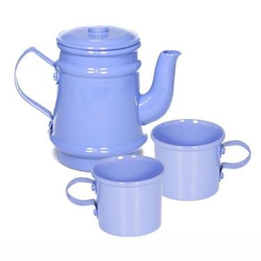 Imagem de Kit Bule 400ml + 2 Xícaras 100ml Pintados Em Alumínio Azul Claro - Alu