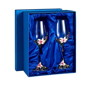 Imagem de Taças de vinho esmaltadas transparentes feitas à mão taças de champanhe conjunto de taças de vinho tinto taças florais (rosa duplo + caixa de presente)