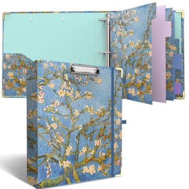 Imagem de Fichário de 3 anéis redondos de 5 cm com 6 divisórias de abas, 2 bolsos internos, prancheta fofa com armazenamento, para escritório escolar, portfólio (amendoeira)