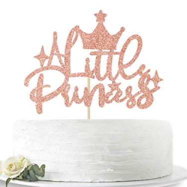 Imagem de Topo de bolo A Little Princess, decoração de bolo de feliz aniversário para meninas, chá de bebê/artigos de decoração de festa revelação de gênero, glitter ouro rosa