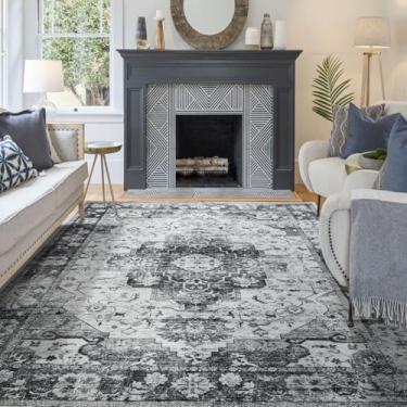 Imagem de Syalife Tapete de área para sala de estar e quarto, tapetes laváveis vintage com suporte antiderrapante, tapete interno envelhecido, 1,5 x 18 m, preto/branco