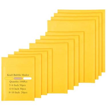 Imagem de Yeyeplum 100 peças Kraft Bubble Mailers 3 tamanhos de envelopes acolchoados Kraft Poly Mailers Envelopes de envio de bolha Sacos de envio de correio para CDs livros materiais comerciais (Amarelo)