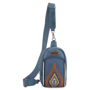 Imagem de Wrangler Bolsa tiracolo asteca feminina de malha ocidental e bolsa de peito com alça ajustável, Jeans asteca, Small