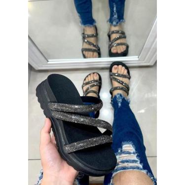 Imagem de Papete  Rasteira 3 Tiras Brilho Elegante Feminina - brazilinas, Preto,