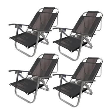 Imagem de Kit 4 Cadeiras de Praia Reclinável 5 Posições Preta Verão Botafogo
