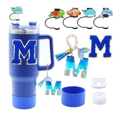 Imagem de Liangang Conjunto de acessórios de copo Stanley azul oceano, 9 peças, incluindo bota, tampa à prova de derramamento, 4 peças de capa de canudo de animais, pingente de alça de iniciais e carta adesiva