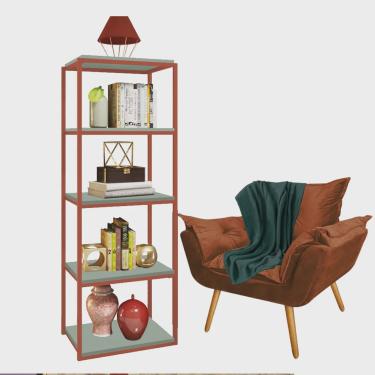 Imagem de Kit Poltrona Fatte com Manta Soft Verde e Estante Livreiro Ferro Bronze mdf Verde Oliva Suede Terracota - Ahazzo Móveis