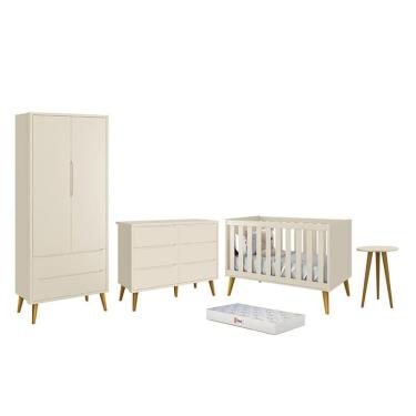 Imagem de Dormitório Infantil Theo 2 Portas, Cômoda 6 Gavetas, Berço, Mesa de Canto com Pés Amadeirado e Colchão - Reller Móveis Areia Fosco