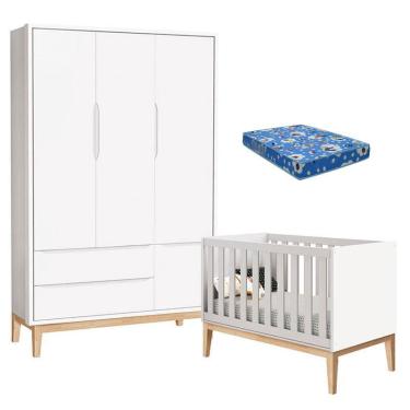 Imagem de Berço Americano com Colchão e Guarda Roupa Classic 3 Portas Branco Pés Madeira Natural – Reller