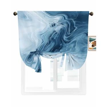 Imagem de Cortina de amarrar para janelas de cozinha, minimalismo moderno, textura de mármore azul e branco, arte abstrata, cortinas ajustáveis para varão, tratamentos de janela, cortinas de sanefa para quarto