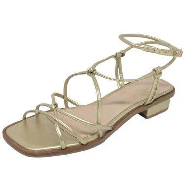 Imagem de Sandália Feminina Salto Bloco Tiras Ouro Conforto Lia Line