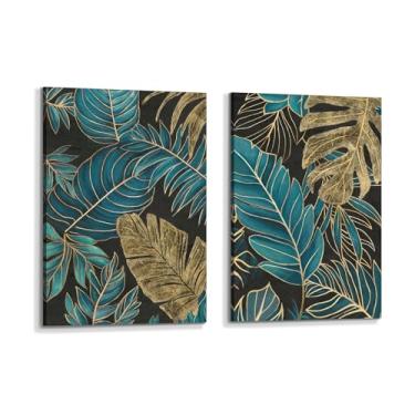 Imagem de Arte de parede de folha em tela botânica: impressão de pintura de imagem de planta 2 peças tropical monstera folhas de palmeira arte boho sala de estar quarto decoração de escritório em casa