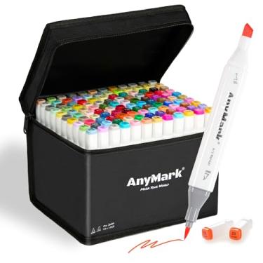Imagem de AnyMark marcadores de Álcool com Ponta de Pincel, conjunto com 120 cores, pontas dupla de pincel e cinzel, marcadores artísticos à base de álcool com estojo para desenho e colorir para adultos
