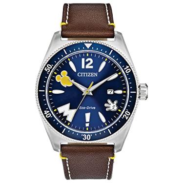 Imagem de Citizen Relógio masculino de quartzo da Disney Eco-Drive, aço inoxidável com pulseira de couro, Mickey Mouse, marrom (modelo: AW1599-00W), Brown