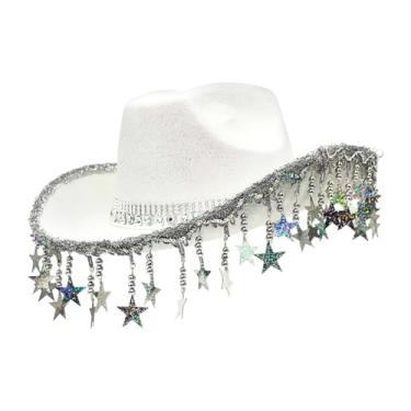 Imagem de Deevoka Chapéu de cowboy ocidental confortável largura para o festival de música de celebração de férias, Branco