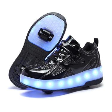 Imagem de BFOEL Tênis infantil de patins iluminados com rodas duplas LED com carregamento USB para meninas, meninos, aniversário, dia de Natal, melhor presente, Preto, 18