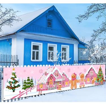 Imagem de Gingerbread Christmas Yard Sign Banner Decoration,Pink Merry Christmas Supplies Gingerbread House Banner Candyland Xmas Decoration for Christmas Holiday Wall Sign Decor