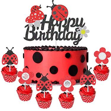 Imagem de CODOMOR Glitter Ladybug Birthday Cake Decorations, Baby Shower Ladybug and Daisy Cake Topper for Kids 1st Birthday Party Decorations