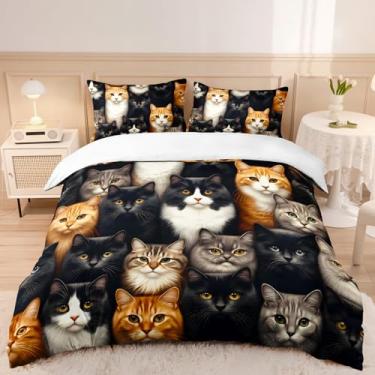 Imagem de AILONEN Conjunto de capa de edredom com cabeça de gato 3D para todas as estações, tamanho Queen, conjunto de cama de animal fofo, decoração de quarto de adolescentes, capa de edredom com tema animal