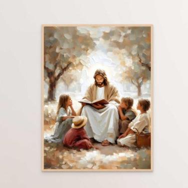 Imagem de Quadro Decorativo Jesus Cristo e as Crianças Rezando Orando Ensinando 