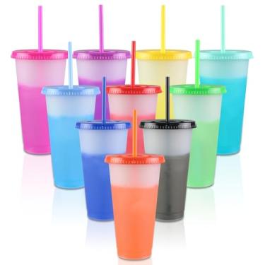 Imagem de yndoka Copos Plásticos Reutilizáveis De 24 Oz Que Mudam Cor Com Tampas E Canudos - Pacote 10 Unidades Para Festas A Granel Adultos, Café Gelado, Chá, Vitaminas (Sem Bpa, Duráveis, Resistentes Vazame
