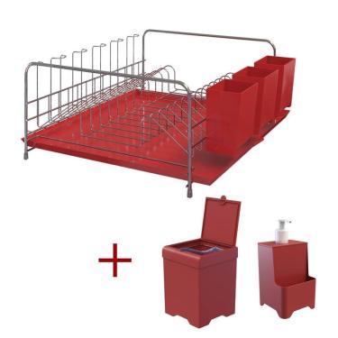 Imagem de Kit Cozinha Escorredor Com Bandeja + Lixeira 5,4l+ Dispenser Vermelho