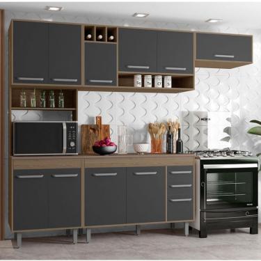 Imagem de Cozinha Completa Poliman Barcelona Com 11 Portas, 2 Gavetas E 4 Prateleiras ... Carvalho Com Grafite
