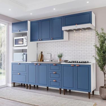 Imagem de Cozinha Pérola Completa 5 Peças Torre Quente Aéreo 3 Portas Balcão 120 Balcão 80 E Basculante Yescas Branco/azul