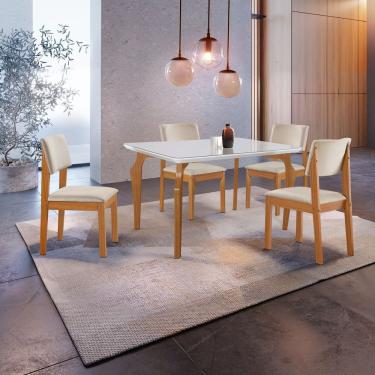 Imagem de Conjunto Sala De Jantar Mesa Tampo Vidro MDF Com 4 Cadeiras Suede Marialice Cinamomo Off White Bege