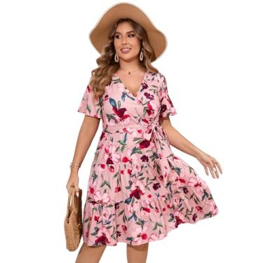 Imagem de KOJOOIN Vestido feminino plus size com decote em V, cintura alta, manga curta, babados, casual, verão, midi com cinto, Manga curta rosa grande, 4G